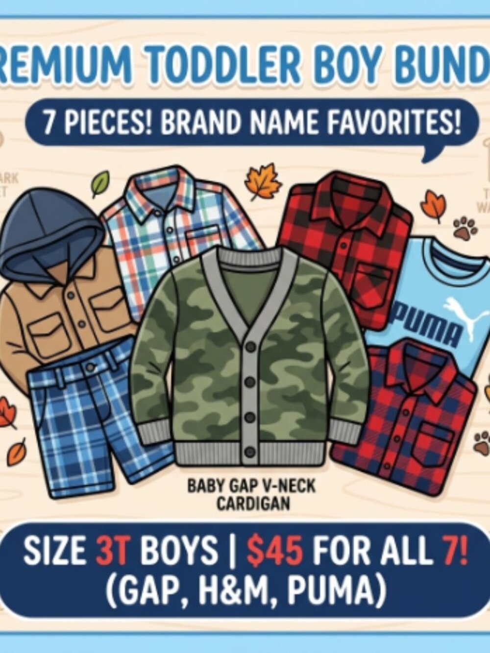 Premium Toddler Boy 3T Clothing Bundle - 7 Pieces (Gap, H&M, PUMA)